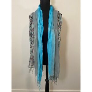 Fleurs Scarf Womens OS Blue Floral Ombre Cotton Gauze Lightweight Fringe Wrap